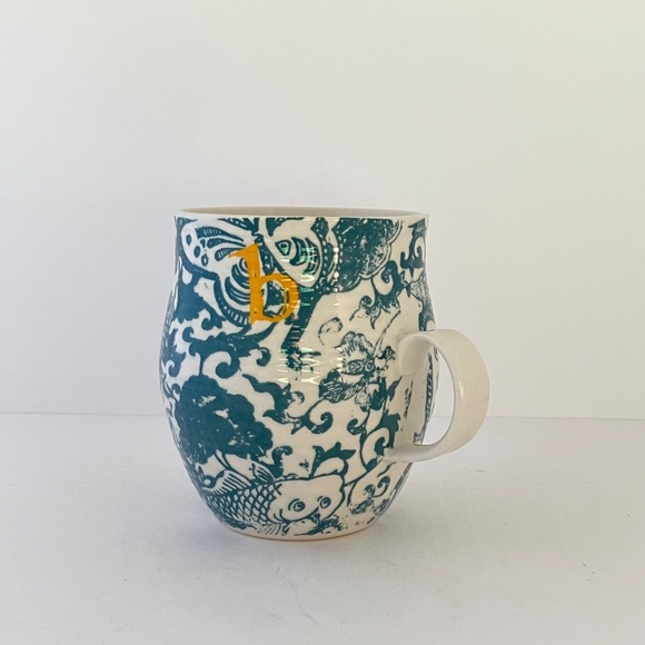 Anthropologie Homegrown Letter b Monogram Mug Green Floral Yellow Initial B NEW - Picture 4 of 13